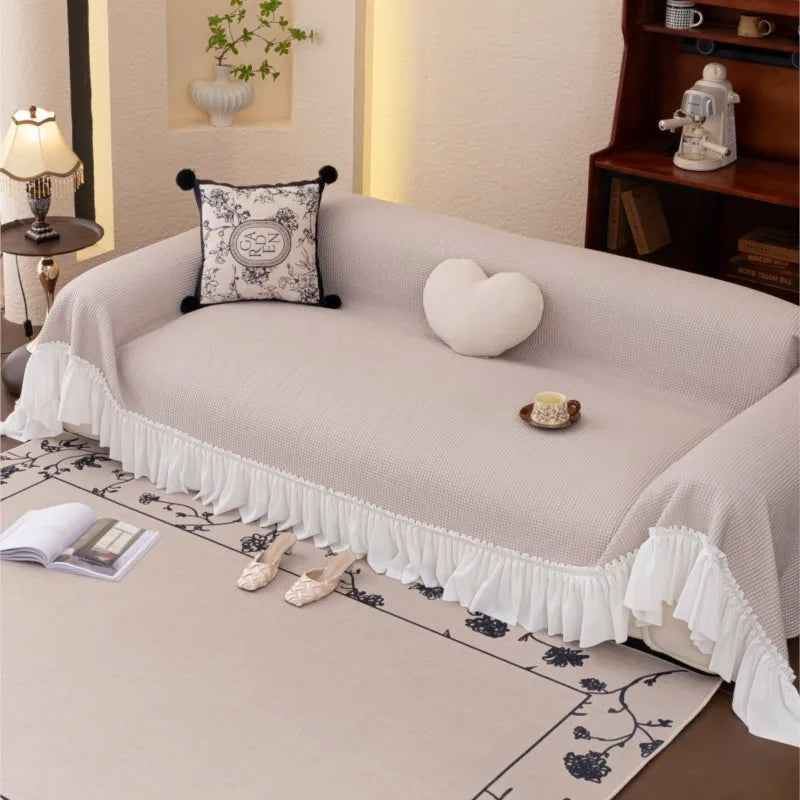 2024 French Country Sofa Cover Patchwork Stretchable Couch Protector Vintage Solid Color Cool Decor Throw Blanket Pleated lace